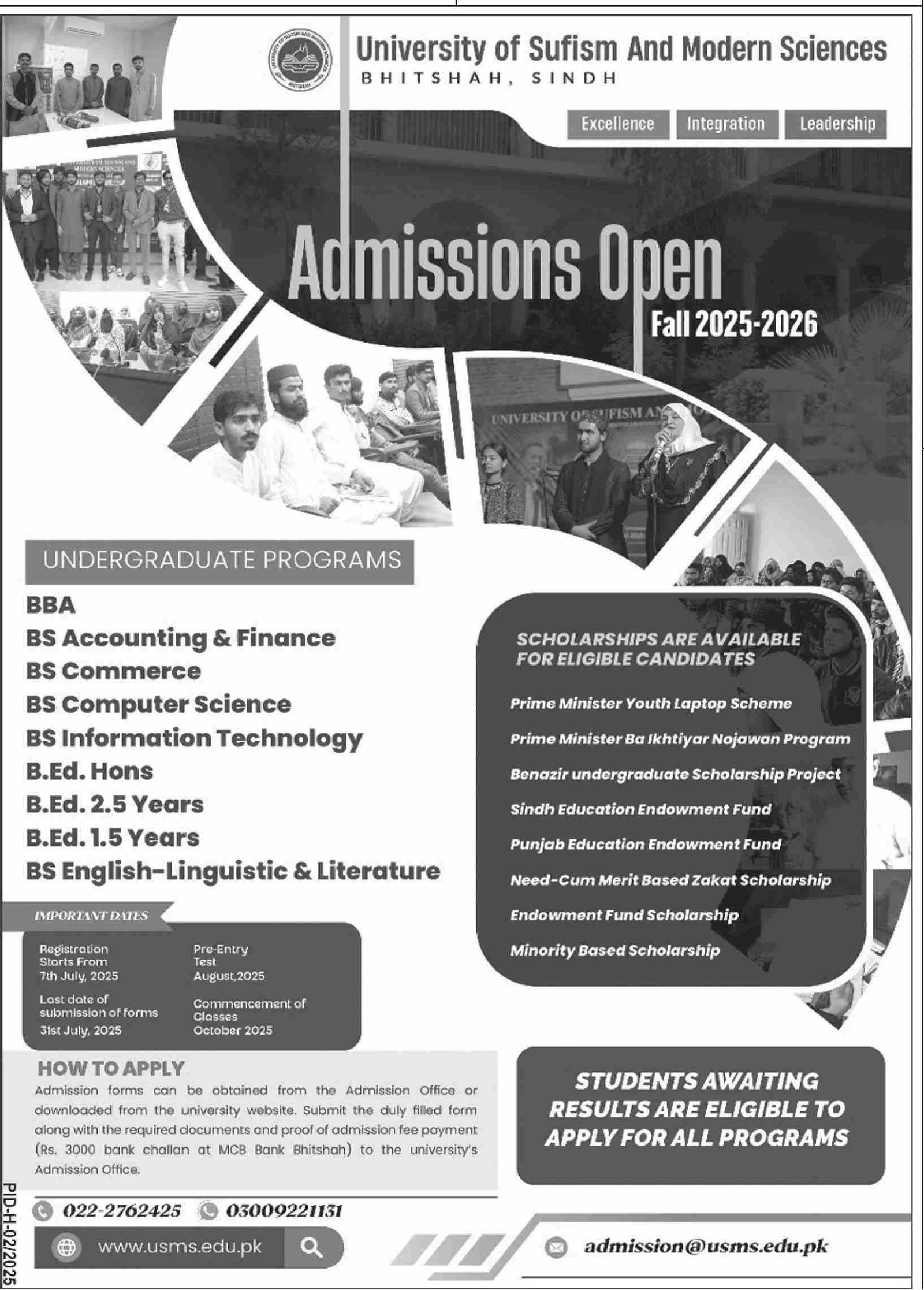 Admission Open in University of Sufism And Modern Sciences – University of Sufism and Modern Sciences Bhitshah Admissions 2025 — original advertisement