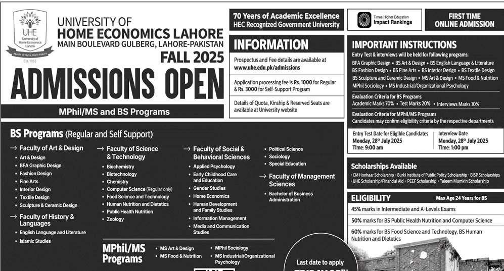 Admission Open in University of Home Economic Lahore 2025 – University of Home Economics Lahore Admissions 2025 — original advertisement