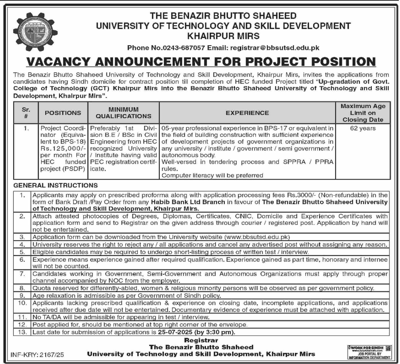 The Benzir Bhutto Shaheed University Jobs 2025 – Benazir Bhutto Shaheed University of Technology and Skill Development Khairpur Mirs Jobs 2025 — original advertisement