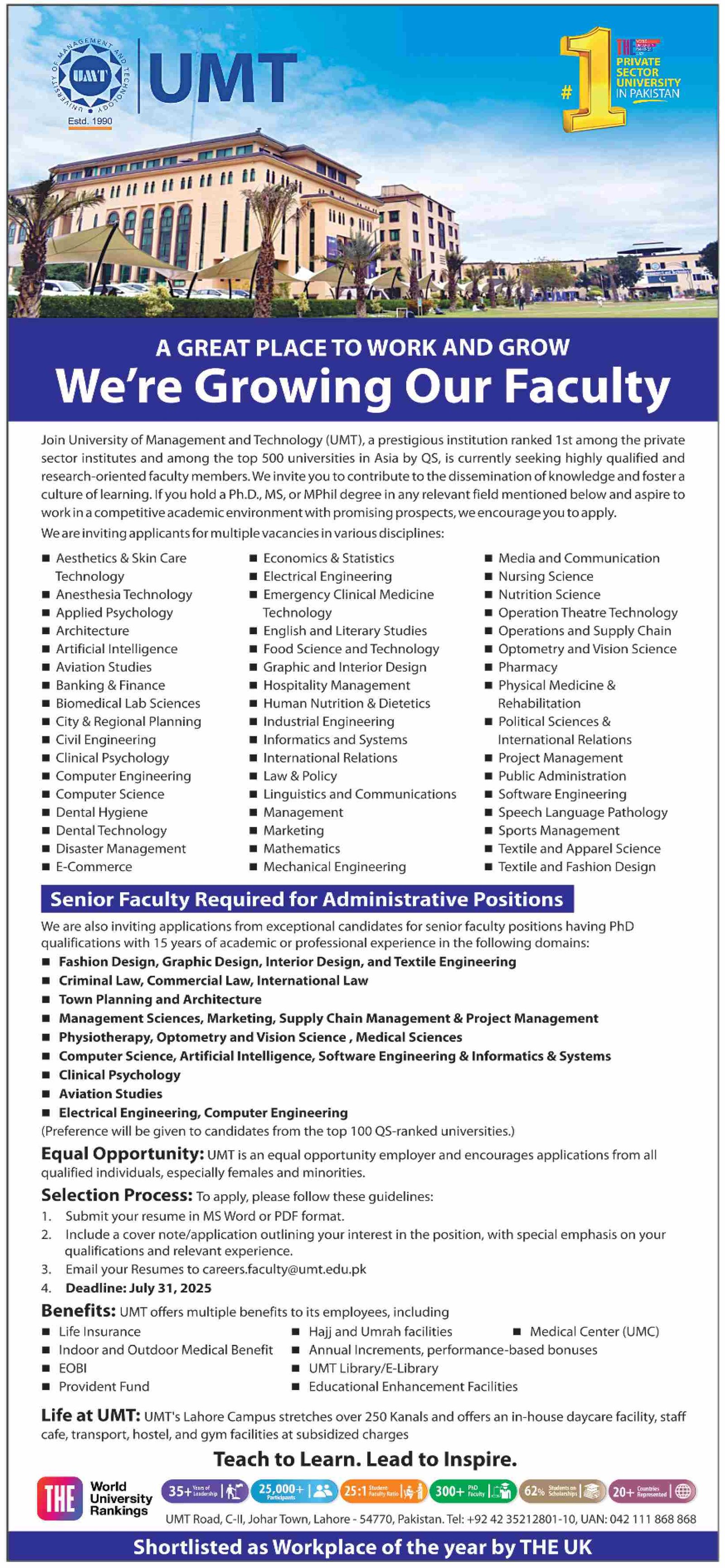 University Of Management And Technology Lahore JObs 2025 – Lahore University of Management Sciences (LUMS) Lahore Jobs 2025 — original advertisement