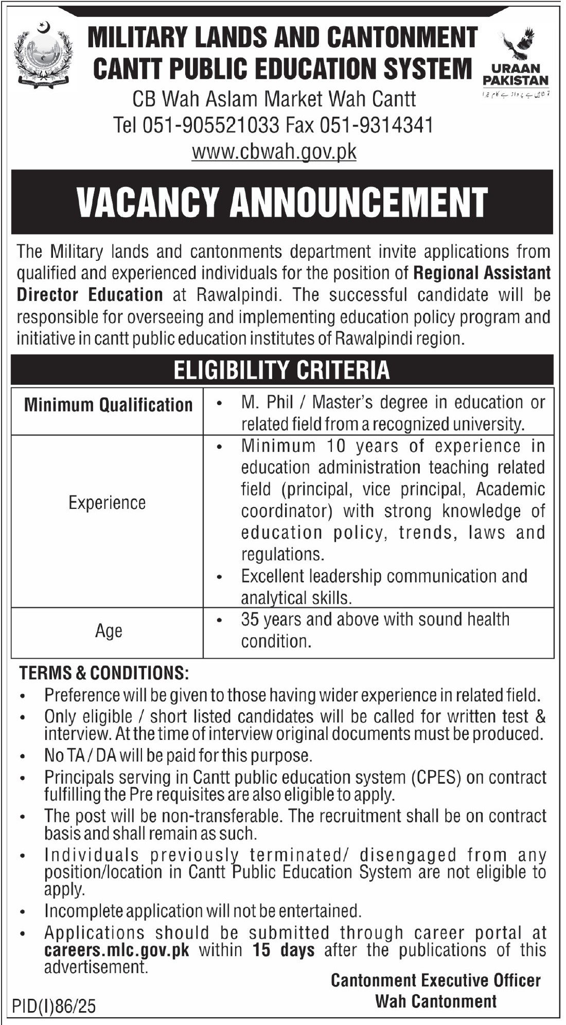 Military Lands And Cantonment Department Wah Cantt Job 2025 – Cantonment Board Jobs 2025 — original advertisement