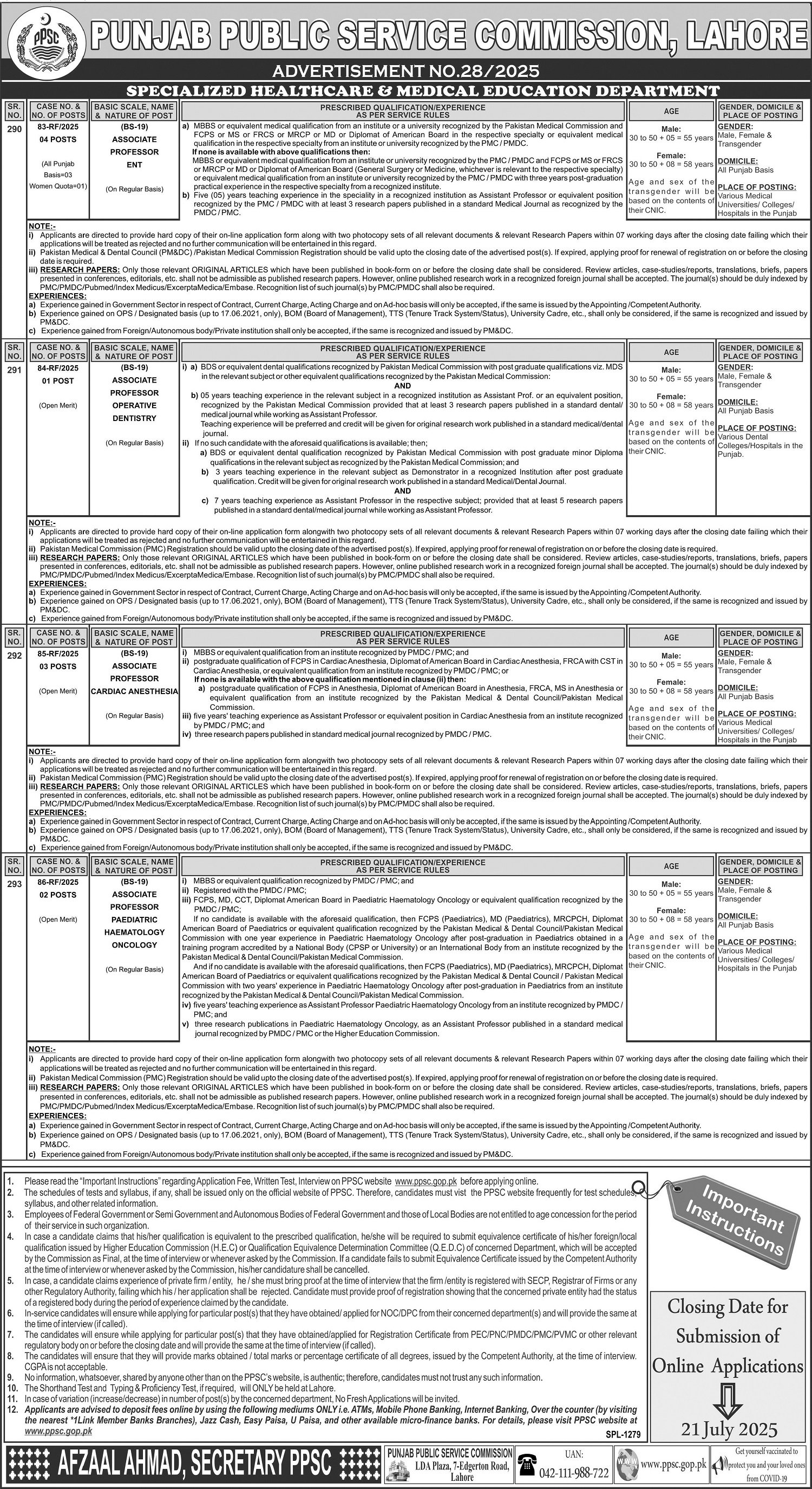 Punjab Public Service Commission PPSC Jobs 28/2025 – Punjab Public Service Commission Lahore Jobs 2025 — original advertisement