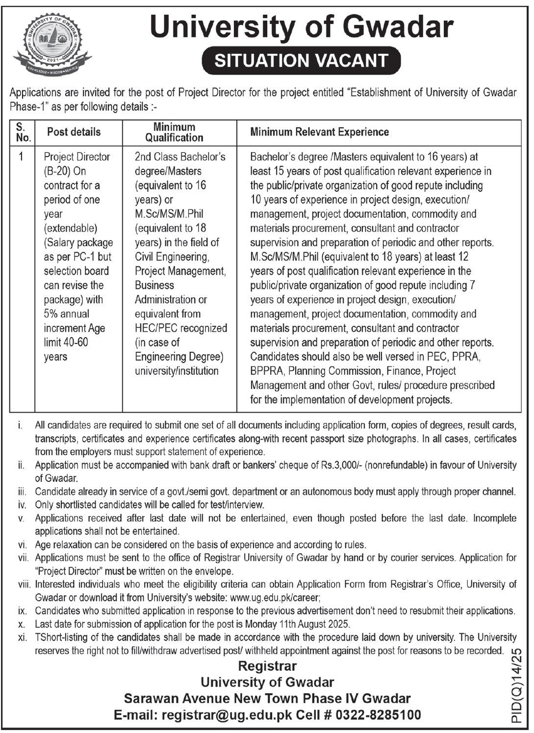 University Of Gwadar Jobs 2025 For Project Director Jobs 2025 — original advertisement