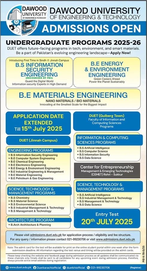 Admission Open in Dawood University of Engineering & Techngy – Dawood University of Engineering and Technology Karachi Admissions 2025 — original advertisement