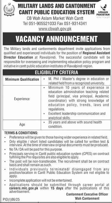 Cantt Public Education System Wah Cantt Jobs 2025 – Cant Public High School & Girls College Jobs 2025 — original advertisement