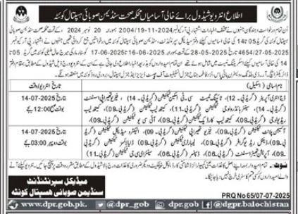 Interview schedule Sandeman Provincial Hospital Quetta 2025 – Sandeman Provisional Hospital Quetta Jobs 2025 — original advertisement