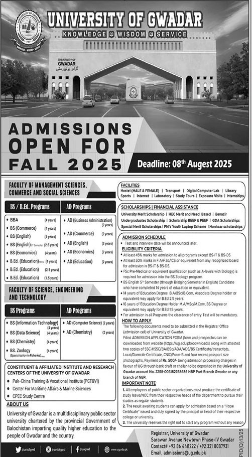 Admission Open in University Of Gwadar 2025 Admissions 2025 — original advertisement