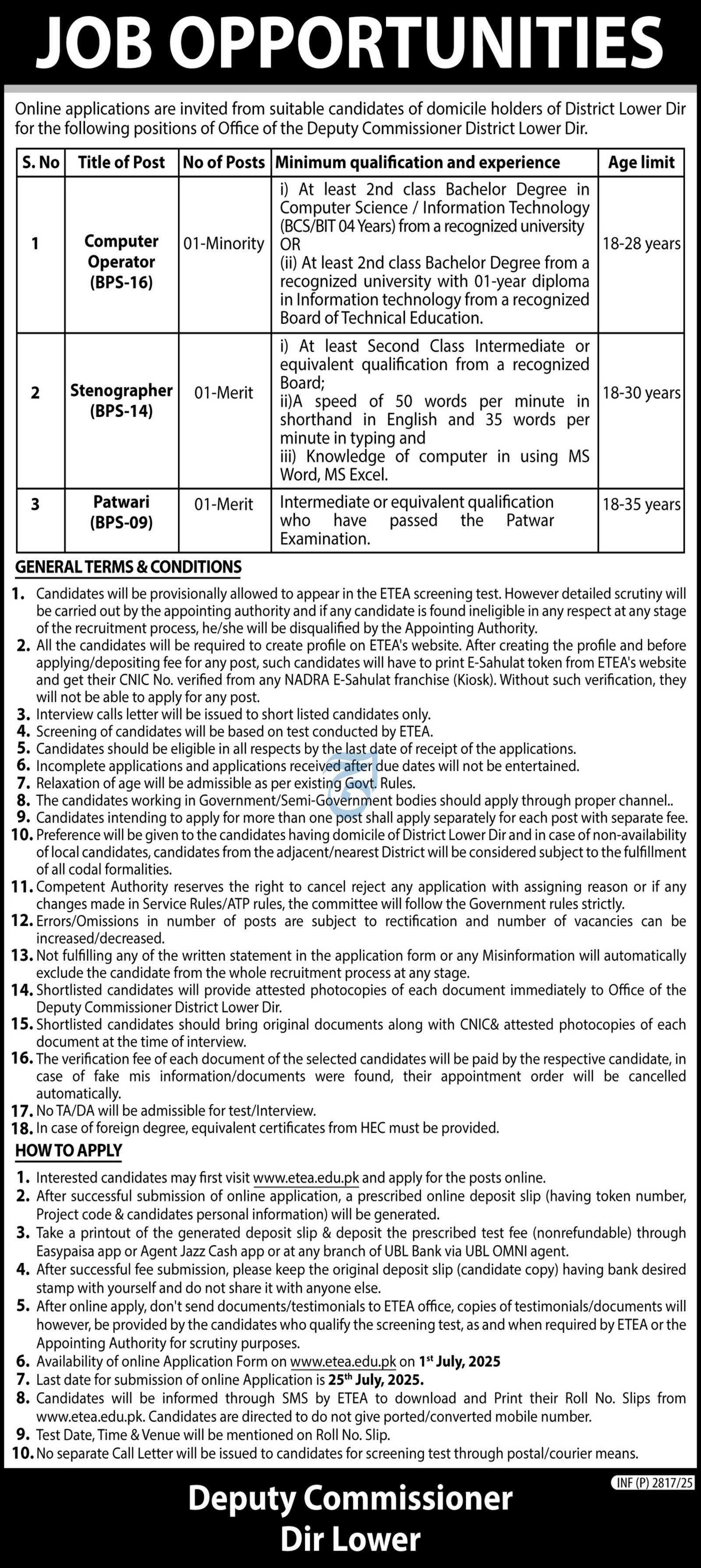 Deputy Commissioner Lower Dir Jobs 2025 – Deputy Commissioner Peshawar Jobs 2025 — original advertisement