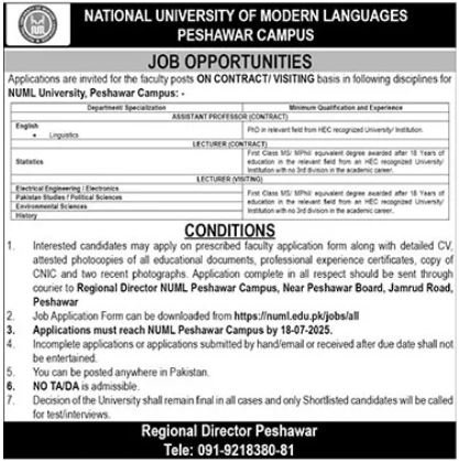 National University Of Modern Languages NUML Peshawar Jobs – National University of Modern Languages Islamabad Jobs 2025 — original advertisement