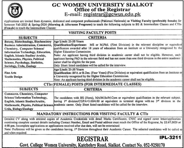 GC Women University Sialkot Jobs 2025 – Government College Women University Sialkot Jobs 2025 — original advertisement