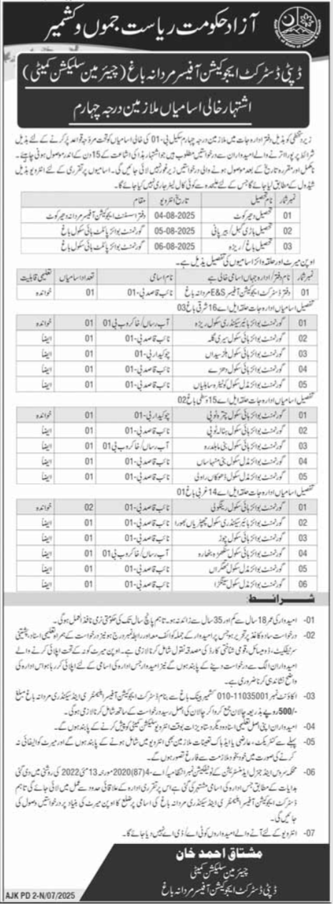 District Education Officer Bagh Jobs 2025 – Elementary & Secondary Education AJK Jobs 2025 — original advertisement
