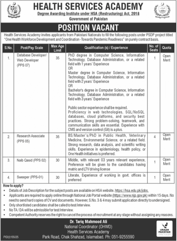 Health Services Academy HSA Islamabad Jobs 2025 Jobs 2025 — original advertisement