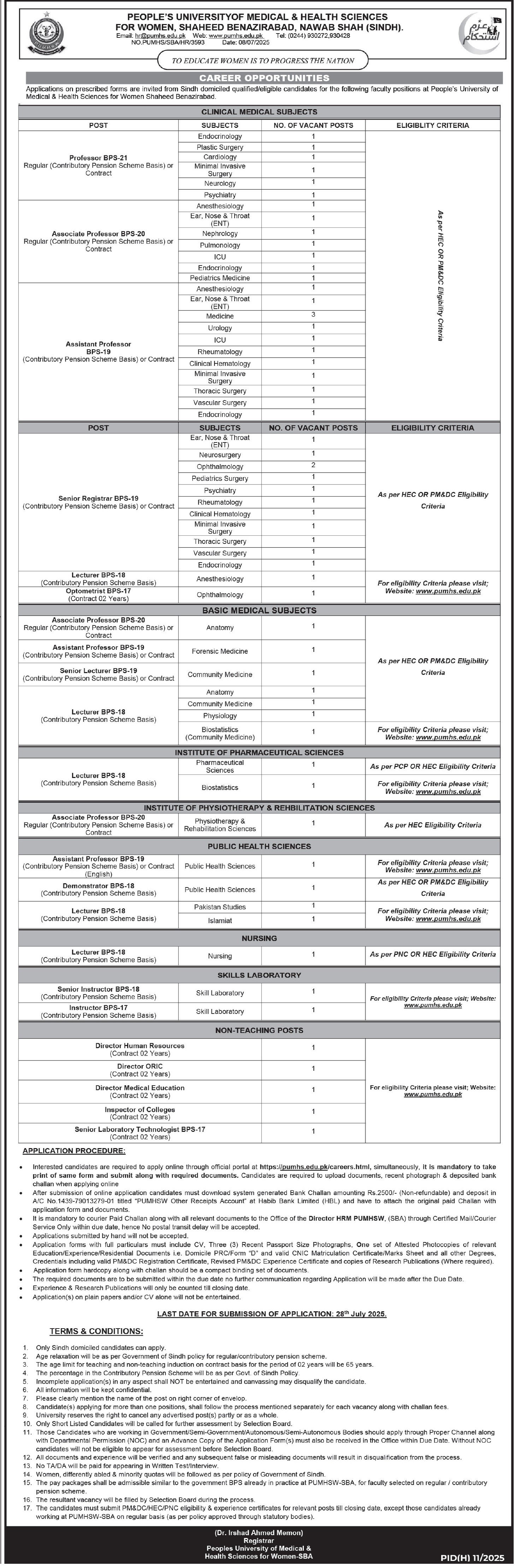 Peoples University Of Medical & Health Sciences PUMHS Jobs – Peoples University of Medical & Health Sciences for Women Shaheed Benazirabad Jobs 2025 — original advertisement