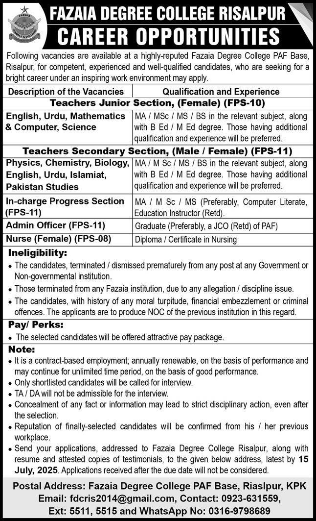 Fazaia Degree College PAF Base Risalpur Jobs 2025 – Fazaia Schools & Colleges Jobs 2025 — original advertisement