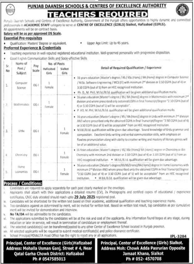 Punjab Daanish Schools & Center Of Excellence Authority Jobs Jobs 2025 — original advertisement