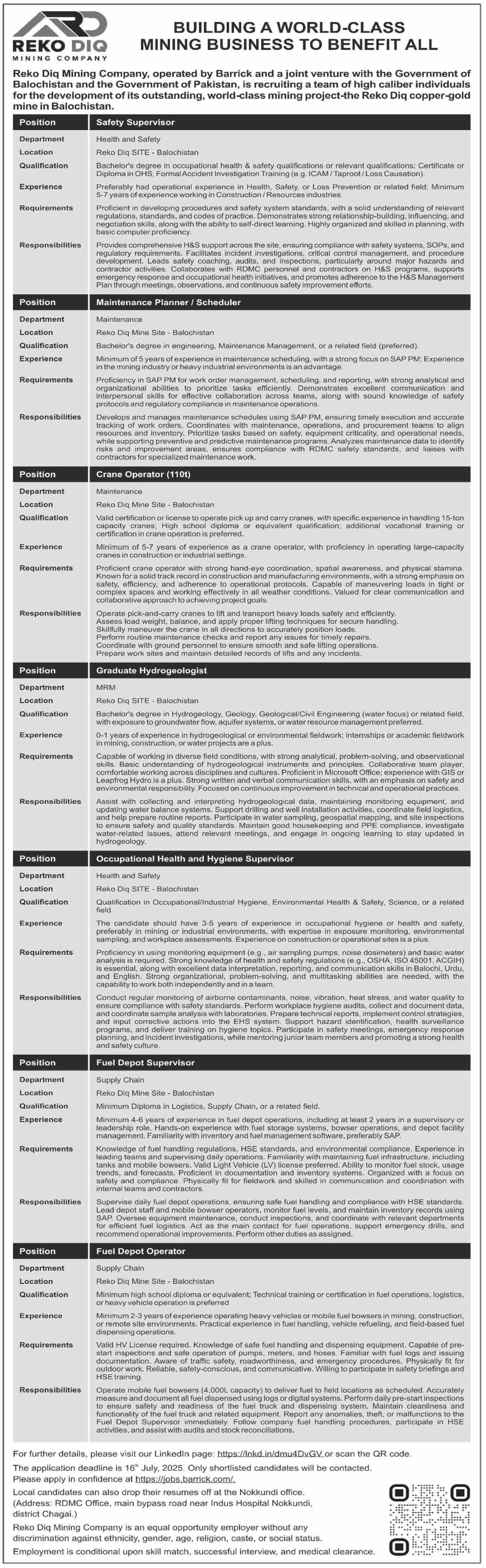 Reko Diq Mining Company Jobs 2025 – Barrick Pakistan Jobs 2025 — original advertisement