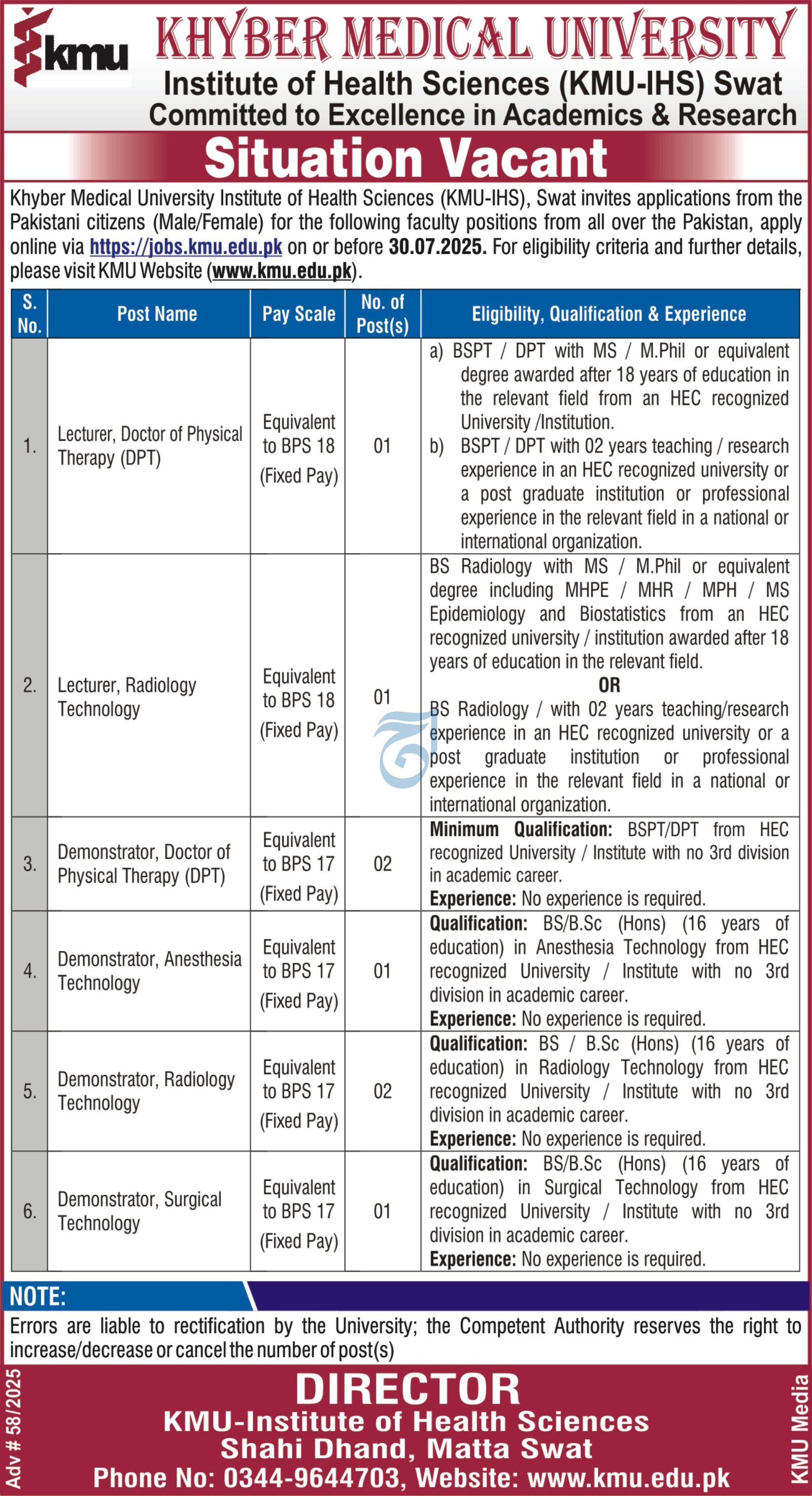 Khyber Medical University Swat Jobs 2025 – Khyber Medical University Peshawar Jobs 2025 — original advertisement