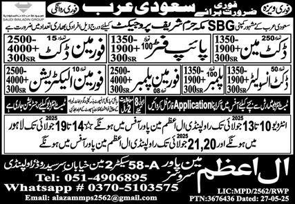 Foreman Electrician & Foreman Plumber Jobs 2025 – Al Azam Manpower Services Jobs 2025 — original advertisement