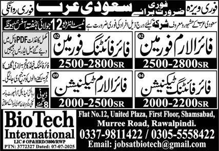 Fire Fighting Foreman & Fire Alarm Foreman Jobs 2025 – Bio Tech International Overseas Promoter Jobs 2025 — original advertisement