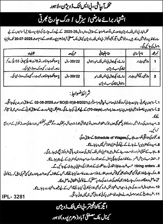 Irrigation Department Lahore Jobs 2025 – Irrigation Department Punjab Jobs 2025 — original advertisement