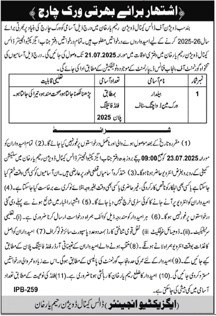 Canal Division Rahim Yar Khan Jobs 2025 – Irrigation Department Punjab Jobs 2025 — original advertisement