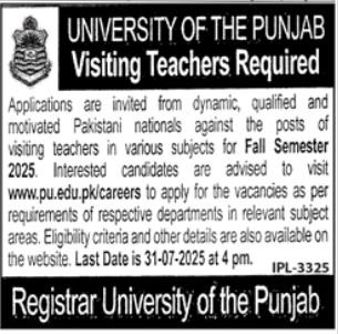University Of The Punjab PU Lahore Jobs 2025 – University of Punjab Jobs 2025 — original advertisement