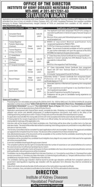 Institute Of Kidney Diseases Peshawar Jobs 2025 Jobs 2025 — original advertisement