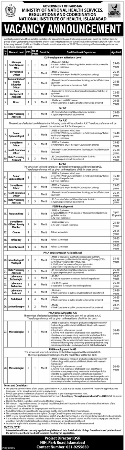 Ministry Of NHSRC Islamabad Jobs 2025 – Ministry of National Health Services Regulation and Coordination Jobs 2025 — original advertisement