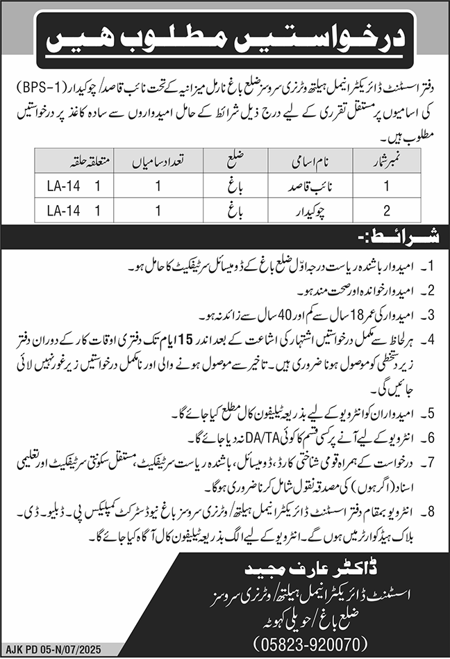 Animal Health Veterinary Services Office Bagh Jobs 2025 – Govt of Azad Kashmir Jobs 2025 — original advertisement