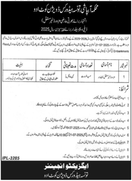 Irrigation Department Khanewal Job 2025 – Irrigation Department Punjab Jobs 2025 — original advertisement