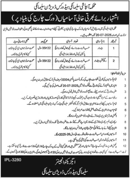 Irrigation Department Salmanki Headworks Division Jobs 2025 – Irrigation Department Punjab Jobs 2025 — original advertisement