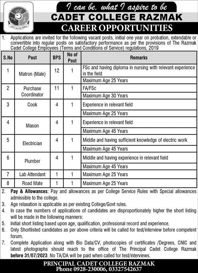 Cadet College Razmak Jobs 2025 For Purchase Coordinator Jobs 2025 — original advertisement