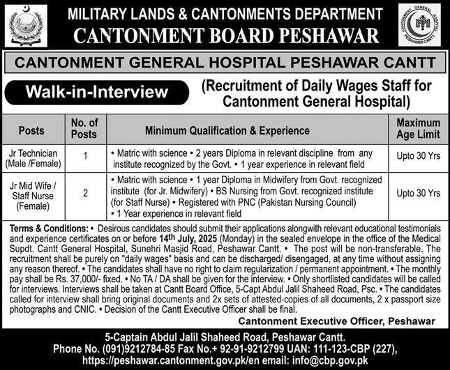 Cantonment General Hospital Peshawar Cantt Jobs 2025 – Cantonment Board Jobs 2025 — original advertisement