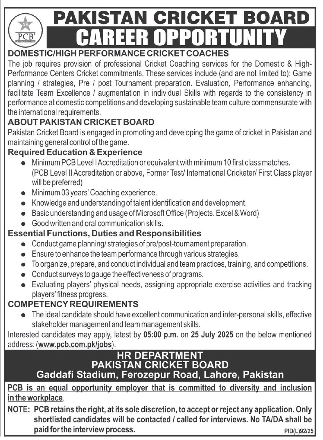 Pakistan Cricket Board PCB Lahore Job 2025 – Pakistan Cricket Board (PCB) Jobs 2025 — original advertisement