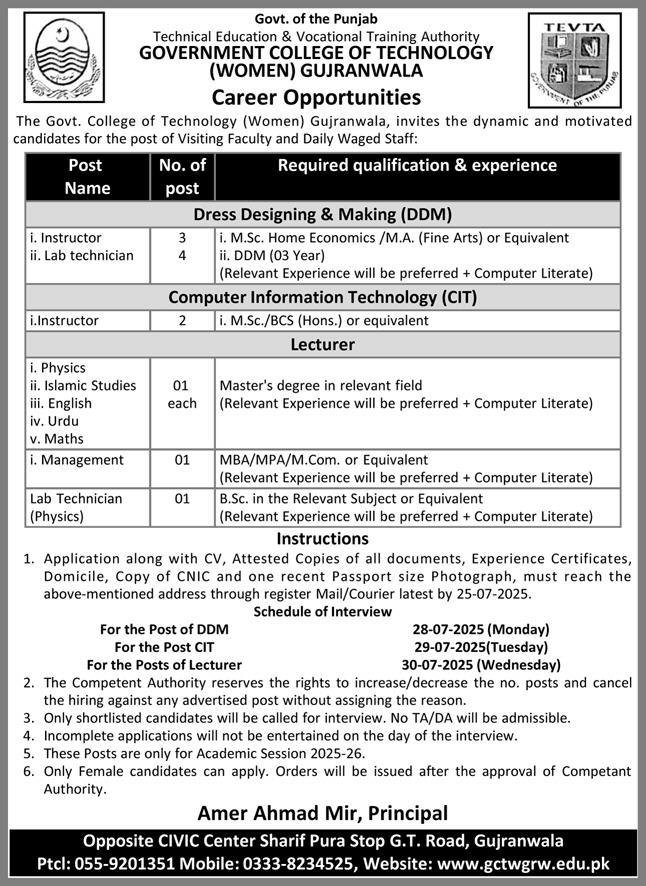 Government College Of Technology GCT Women Gujranwala Jobs – Government College Of Technology For Women Jobs 2025 — original advertisement