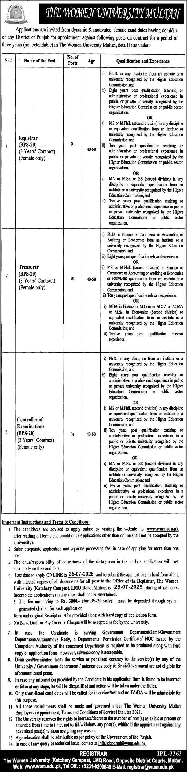 The Women University Multan Jobs 2025 For Registrar Jobs 2025 — original advertisement