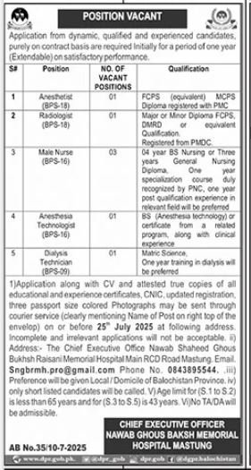 Nawab Ghous Baksh Memorial Hospital Mastung Jobs 2025 – Nawab Shaheed Ghous Bakhsh Raisani Memorial Hospital Mastung Jobs 2025 — original advertisement