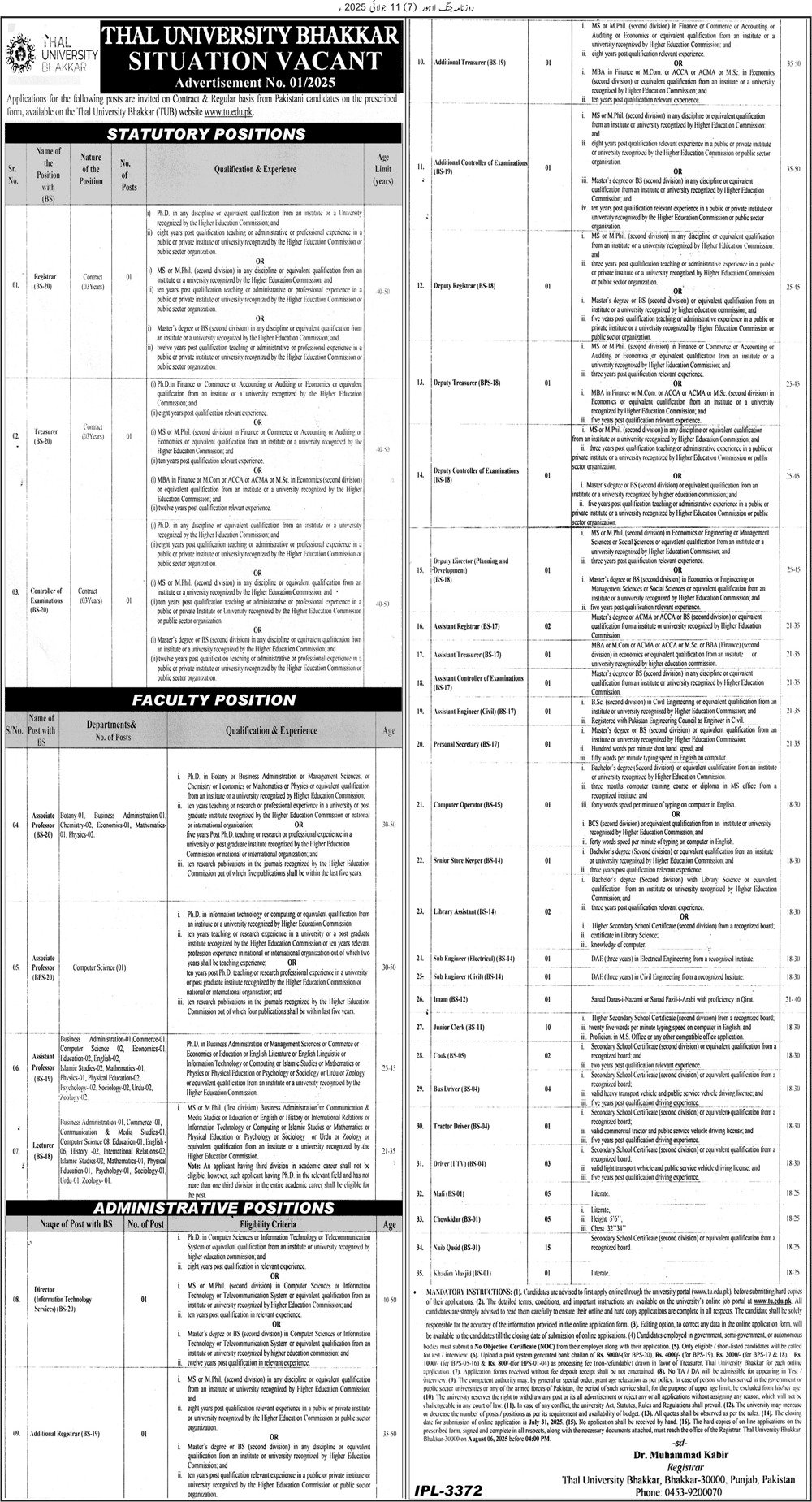 Thal University Bhakkar Punjab Jobs 2025 Jobs 2025 — original advertisement