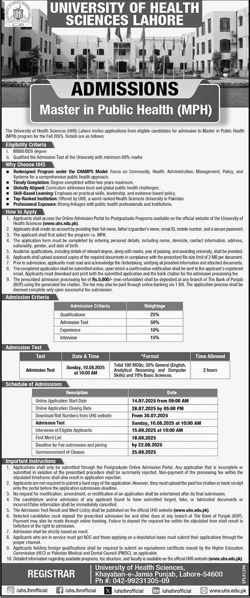 Admission Open in University of Health Sciences Lahore 2025 Admissions 2025 — original advertisement