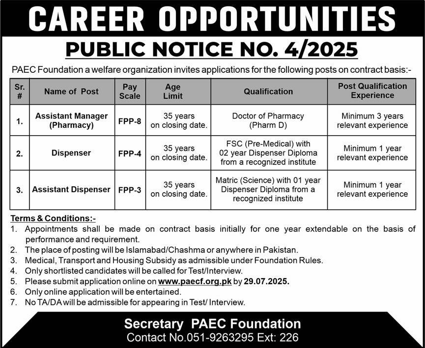 PAEC Foundation Islamabad Jobs 2025 For Assistant Manager – Public Sector Organization Jobs 2025 — original advertisement