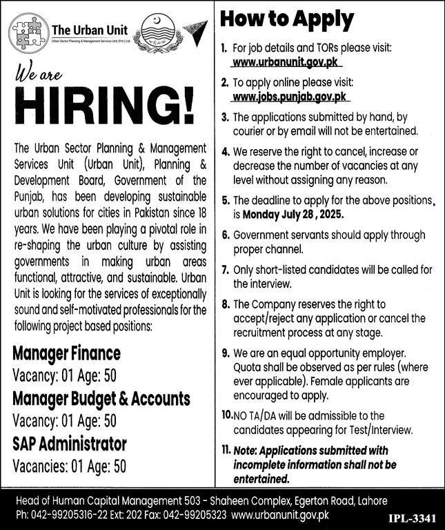 The Urban Unit Lahore Jobs 2025 For Manager Finance – The Urban Unit Punjab Jobs 2025 — original advertisement