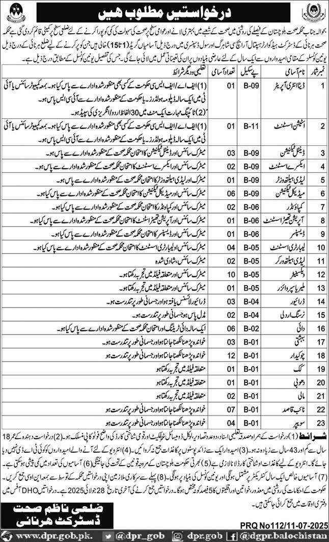 District Headquarter Hospital DHQ Harnai Jobs 2025 – Health Department Balochsitan Jobs 2025 — original advertisement