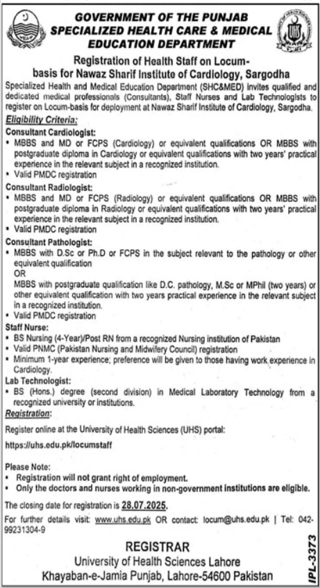 Specialized Healthcare & Medical Education Jobs 2025 – Specialized Healthcare And Medical Education Department Lahore Jobs 2025 — original advertisement