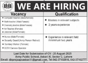 Army Public School Teaching Jobs 2025 – Army Public School & College Paksitan Jobs 2025 — original advertisement