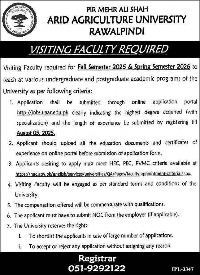 Pir Mehr Ali Shah Arid Agriculture University PMAS AAUR Jobs – Pir Mehr Ali Shah Arid Agriculture University Rawalpinid Jobs 2025 — original advertisement