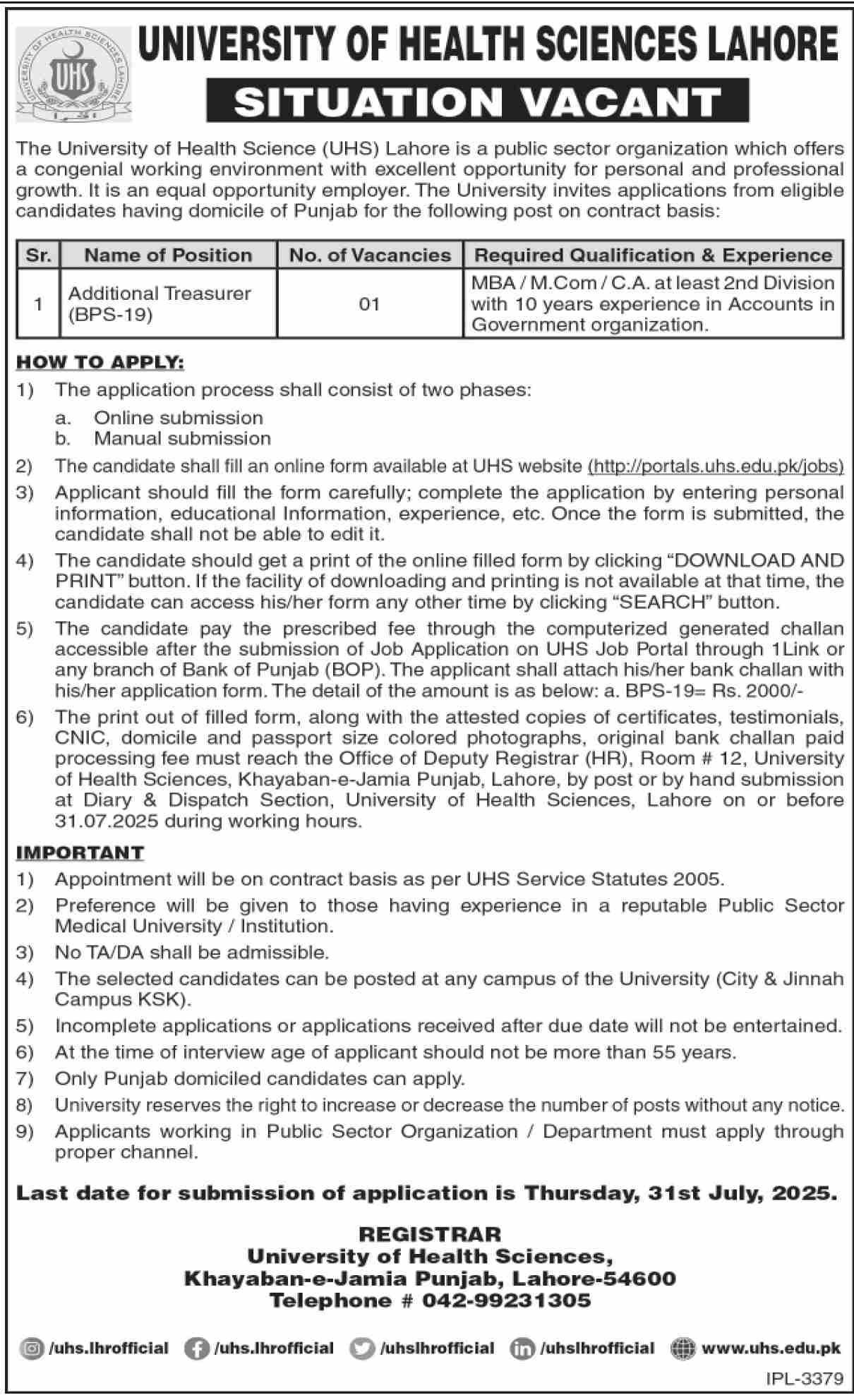 University Of Health Sciences UHS Jobs 2025 – University of Health Sciences Lahore Jobs 2025 — original advertisement
