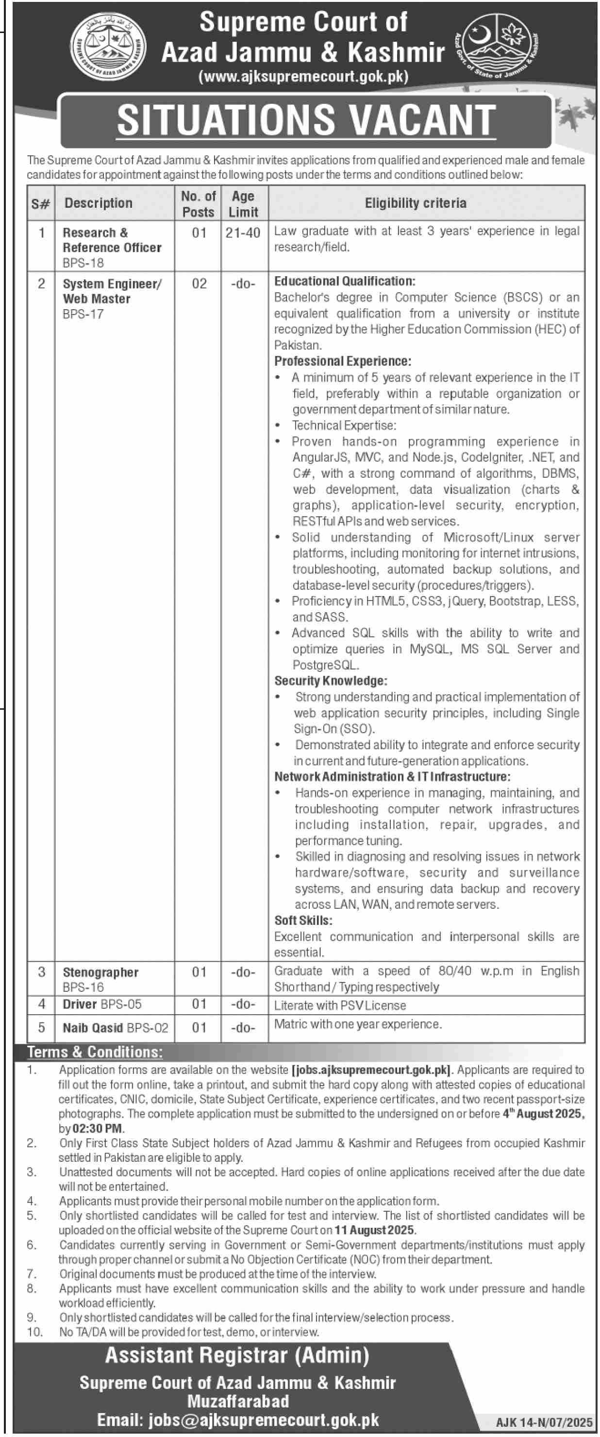 Supreme Court Of Azad Jammu & Kashmir Jobs 2025 Jobs 2025 — original advertisement