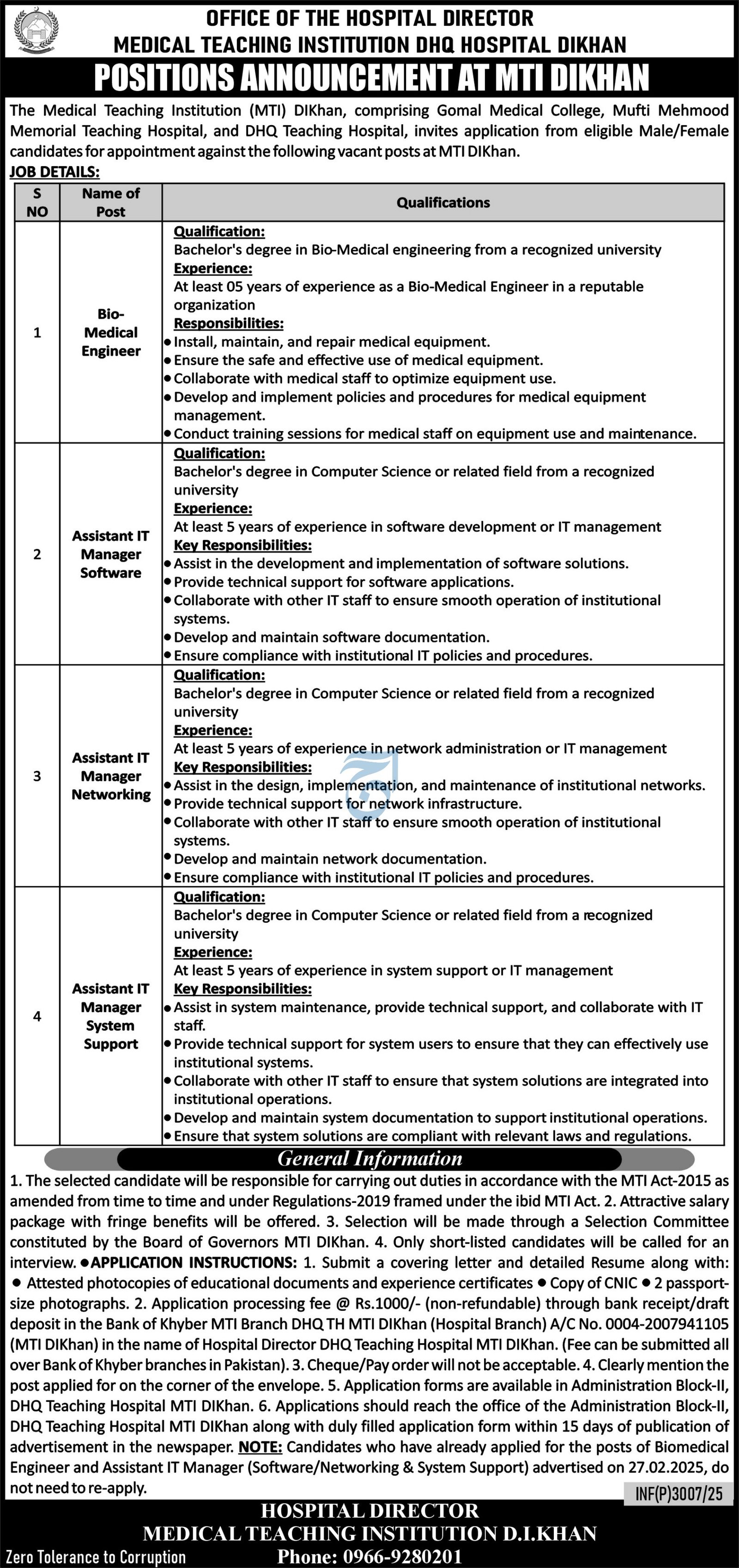 Medical Teaching Institution MTI DHQ Hospital Jobs 2025 – Medical Teaching Institute MTI Khyber Teaching Hospital Peshawar Kpk Jobs 2025 — original advertisement