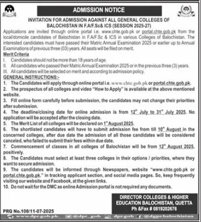 Admission Open in Director Colleges & Higher Education 2025 – Colleges Higher and Technical Education Department Balochsitan Admissions 2025 — original advertisement