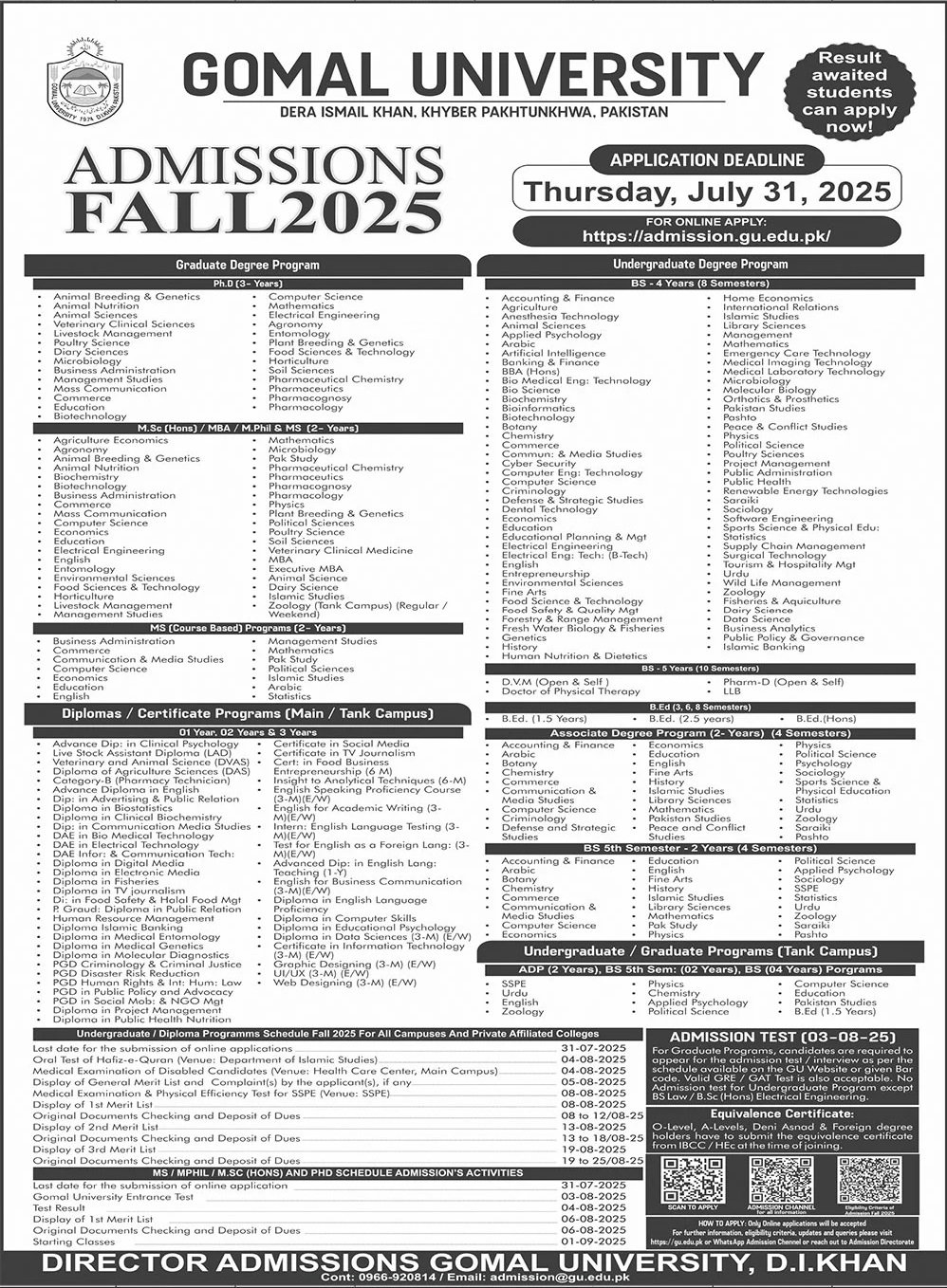 Admission Open in Gomal University Dera Ismail Khan 2025 Admissions 2025 — original advertisement